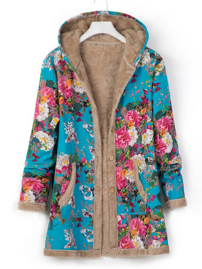 Fitshinling Vintage zimski kaput s cvjetnim printom Ženske majice Novo u gornjoj odjeći 2023. Uske plišane tople duge jakne na gumbe zakopčavanje