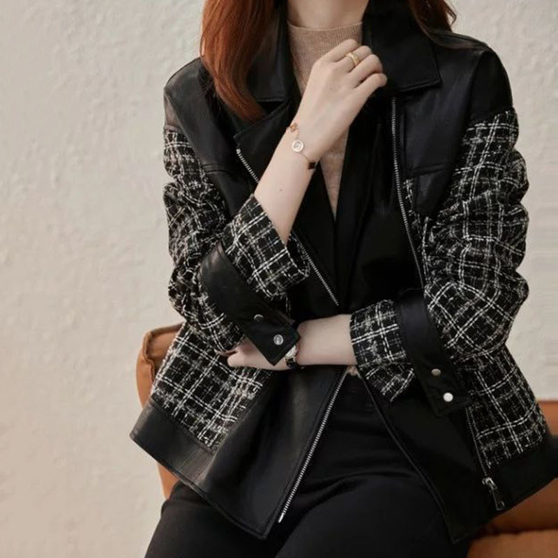 Gidyq Streetwear Jachetă de piele pentru femei, modă coreeană, mozaic, fermoar, paltoane largi, ocazional pentru femei, îmbrăcăminte exterioară tricotată groasă, caldă, nou