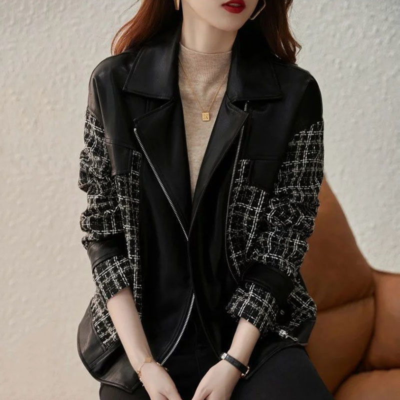 Gidyq Streetwear Jachetă de piele pentru femei, modă coreeană, mozaic, fermoar, paltoane largi, ocazional pentru femei, îmbrăcăminte exterioară tricotată groasă, caldă, nou