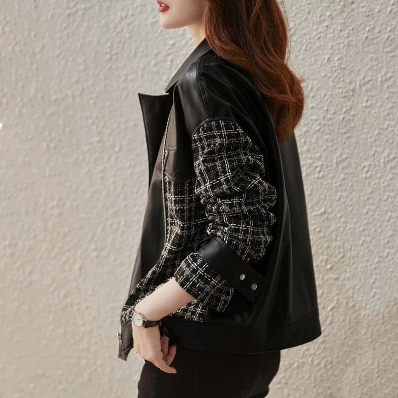 Gidyq Streetwear Jachetă de piele pentru femei, modă coreeană, mozaic, fermoar, paltoane largi, ocazional pentru femei, îmbrăcăminte exterioară tricotată groasă, caldă, nou