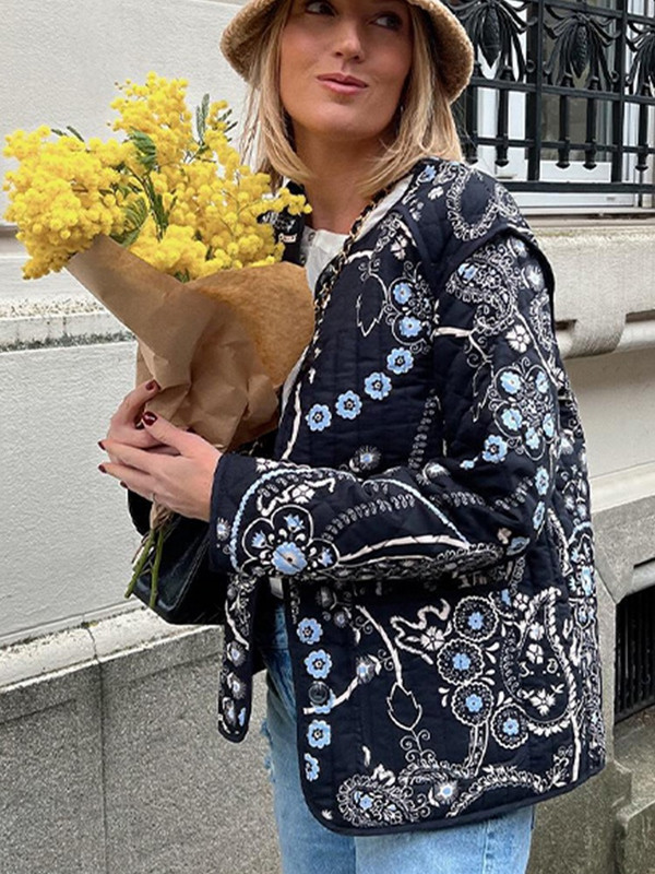 TRAF FANS 2023. Zimski otisnuti ženski kaput s podstavljenim pamukom, dugi rukavi, džepovi, gumbi, široka jakna, ženska gornja jakna y2k retro