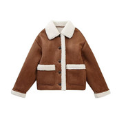 Paltoane de blană artificială de damă, vintage, cu mâneci lungi, decupate, jachete din piele, toamnă, iarnă, cu rever, jachetă din lână de miel пальто