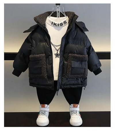 Ziemas zēnu mētelis, 2023. gada jauns zīdaiņu kapuci kokvilnas plus samta bieza silta jaka Bērnu pusaudžu apģērbi virsdrēbes CH24