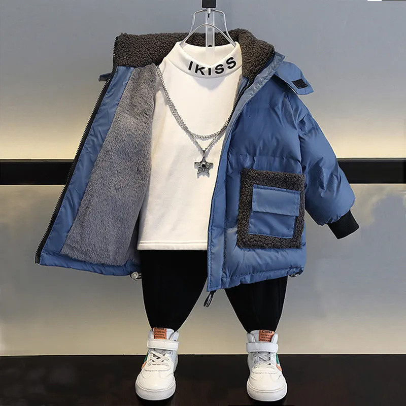 Ziemas zēnu mētelis, 2023. gada jauns zīdaiņu kapuci kokvilnas plus samta bieza silta jaka Bērnu pusaudžu apģērbi virsdrēbes CH24