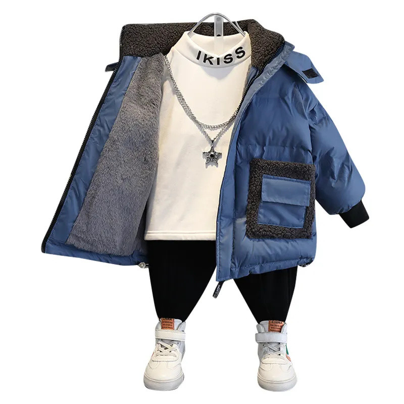 Ziemas zēnu mētelis, 2023. gada jauns zīdaiņu kapuci kokvilnas plus samta bieza silta jaka Bērnu pusaudžu apģērbi virsdrēbes CH24