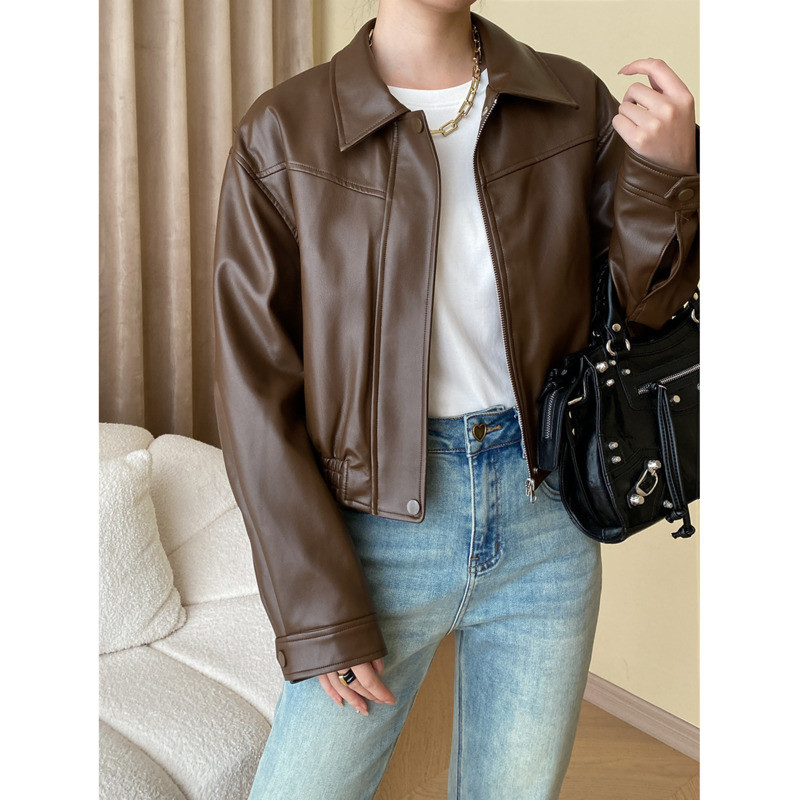 Jesenska polo kratka jakna od pu kožne ženske jakne s patentnim zatvaračem, dugih rukava i visokog struka, vintage ležerni kaput