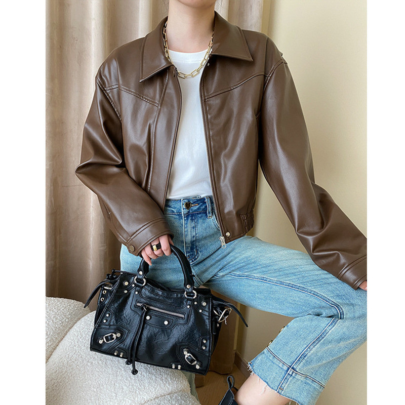 Jesenska polo kratka jakna od pu kožne ženske jakne s patentnim zatvaračem, dugih rukava i visokog struka, vintage ležerni kaput