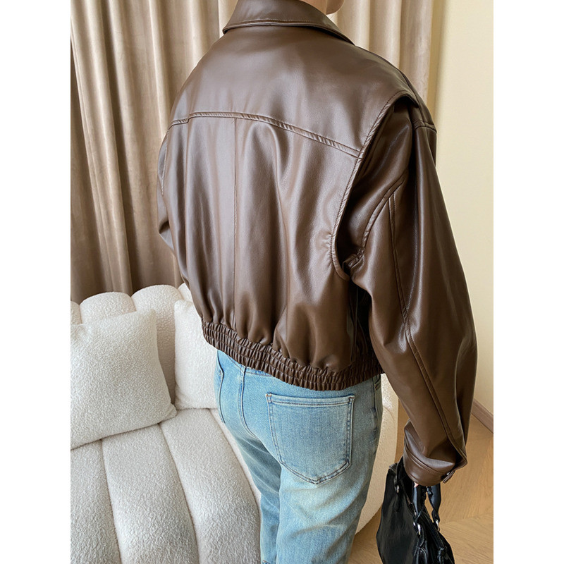 Jesenska polo kratka jakna od pu kožne ženske jakne s patentnim zatvaračem, dugih rukava i visokog struka, vintage ležerni kaput