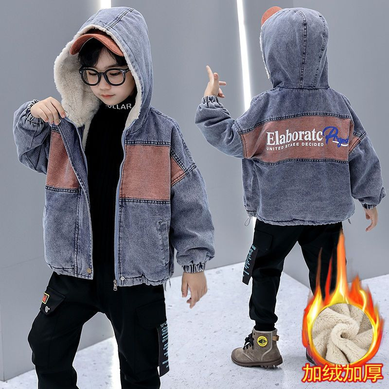 Dječja zimska odjeća Pamučna traper jakna s kapuljačom za dječake Patchwork patchwork plišani podebljani topli porub s manšetama Moda 5-14 godina