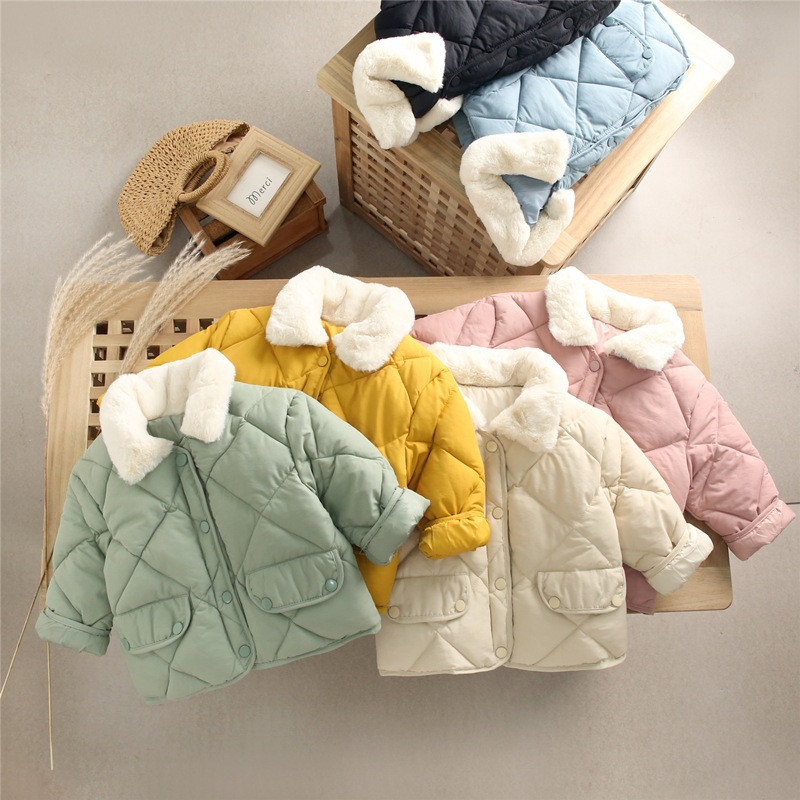 Dječja široka pamučna odjeća 18M-7Y Dječja kratka pamučna jakna s reverima u obliku dijamanta za dječake i djevojčice Debeli topli kaput s krznenim ovratnikom