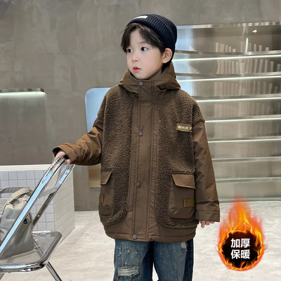 Jachetă de iarnă pentru băiat blană artificială pentru copii plus jachetă caldă de catifea băieți cu glugă lungă groasă haine pentru copii CH177