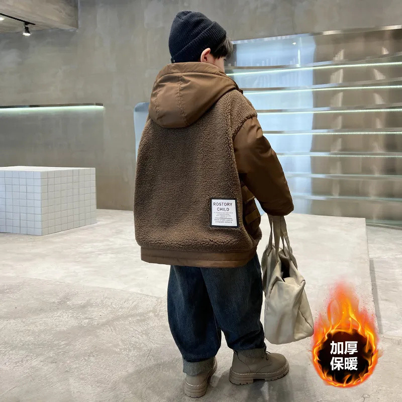 Jachetă de iarnă pentru băiat blană artificială pentru copii plus jachetă caldă de catifea băieți cu glugă lungă groasă haine pentru copii CH177