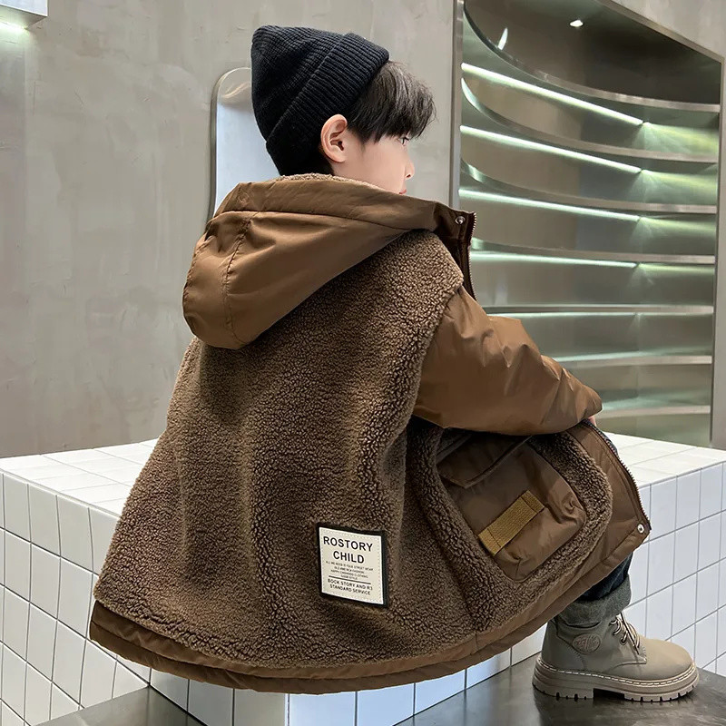 Jachetă de iarnă pentru băiat blană artificială pentru copii plus jachetă caldă de catifea băieți cu glugă lungă groasă haine pentru copii CH177