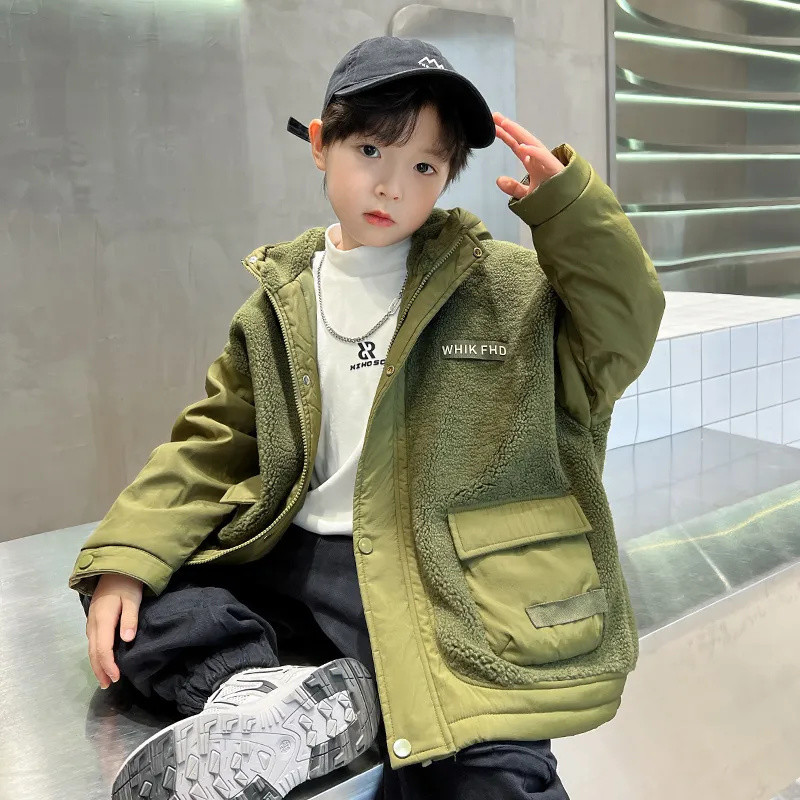 Jachetă de iarnă pentru băiat blană artificială pentru copii plus jachetă caldă de catifea băieți cu glugă lungă groasă haine pentru copii CH177