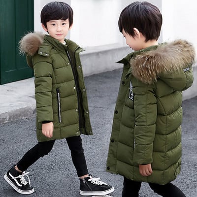 Pusaudžu bērnu jakas4 6 8 10 12 14 gadi Big Boys jaka rudens ziema biezāka silta mode gara stila zēnu mētelis ar rāvējslēdzēju kapuci