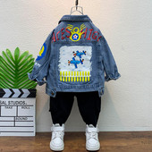 Pavasaris Rudens Maziem bērniem Zēnu Mēteļi Karikatūras Apdrukas Jakas Kokvilnas Džinsu Mētelis Bērnu Apģērbs 2-8 G. Zēniem Ikdienas Virsdrēbes Topi