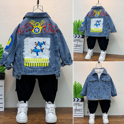 Pavasaris Rudens Maziem bērniem Zēnu Mēteļi Karikatūras Apdrukas Jakas Kokvilnas Džinsu Mētelis Bērnu Apģērbs 2-8 G. Zēniem Ikdienas Virsdrēbes Topi