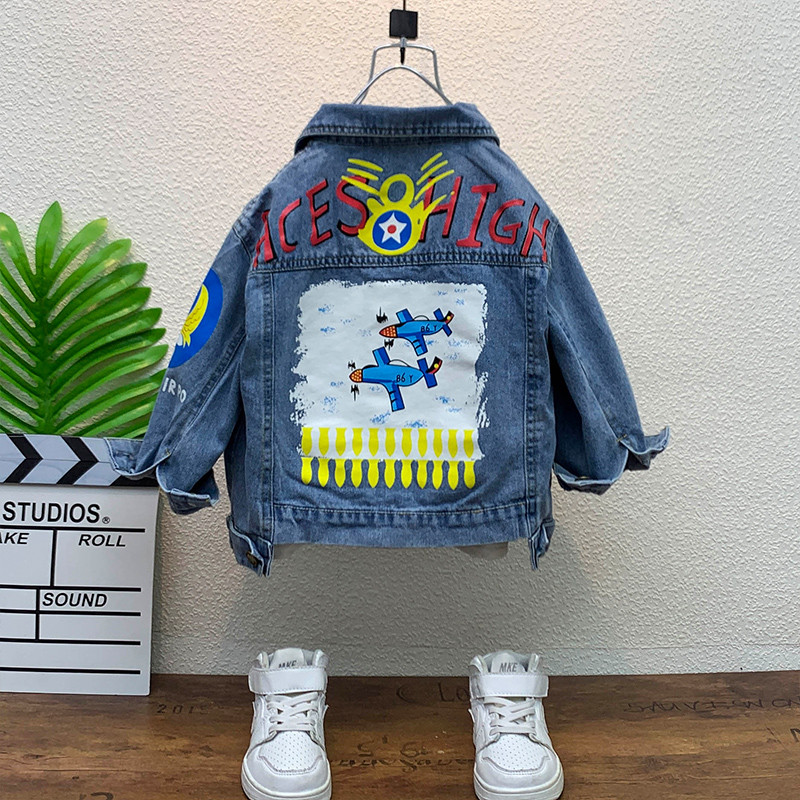 Pavasaris Rudens Maziem bērniem Zēnu Mēteļi Karikatūras Apdrukas Jakas Kokvilnas Džinsu Mētelis Bērnu Apģērbs 2-8 G. Zēniem Ikdienas Virsdrēbes Topi