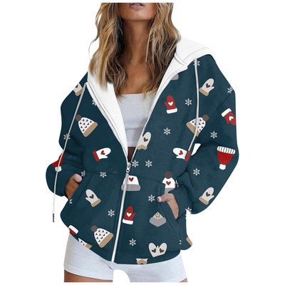 Ženske Y2K majice s kapuljačom s patentnim zatvaračem, ležerne sportske jakne dugih rukava s božićnim printom, gornji dio ženske majice s vezom za džepove