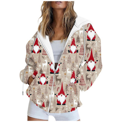 Ženske Y2K majice s kapuljačom s patentnim zatvaračem, ležerne sportske jakne dugih rukava s božićnim printom, gornji dio ženske majice s vezom za džepove