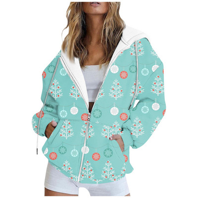 Ženske Y2K majice s kapuljačom s patentnim zatvaračem, ležerne sportske jakne dugih rukava s božićnim printom, gornji dio ženske majice s vezom za džepove