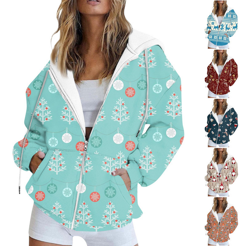 Ženske Y2K majice s kapuljačom s patentnim zatvaračem, ležerne sportske jakne dugih rukava s božićnim printom, gornji dio ženske majice s vezom za džepove