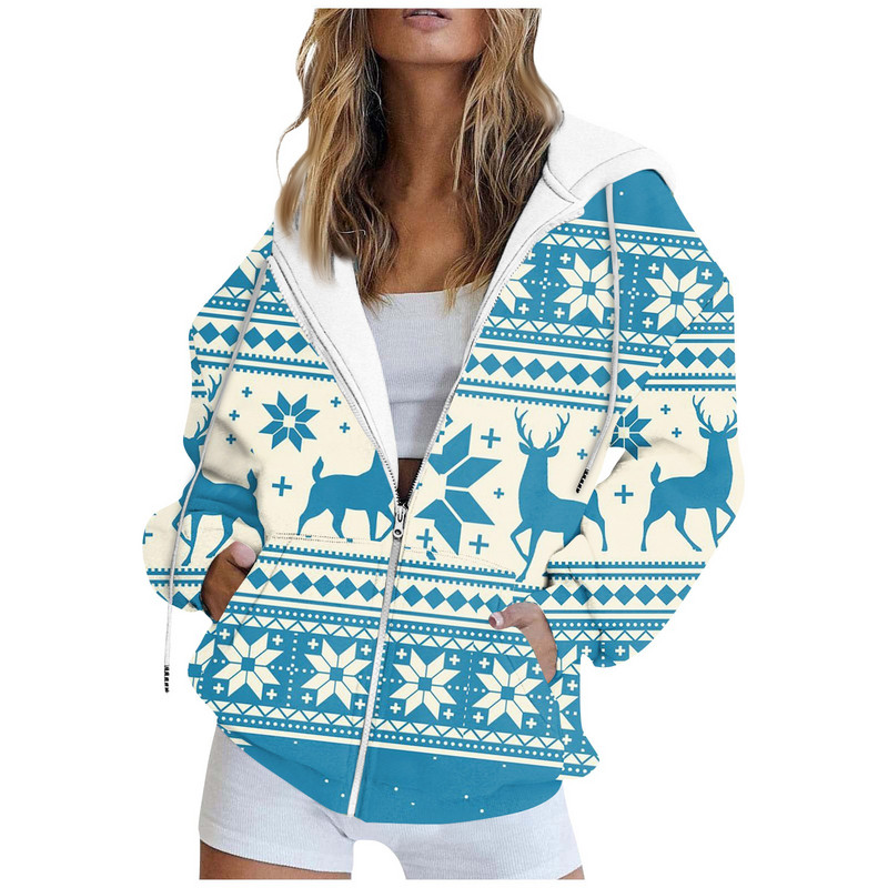 Ženske Y2K majice s kapuljačom s patentnim zatvaračem, ležerne sportske jakne dugih rukava s božićnim printom, gornji dio ženske majice s vezom za džepove