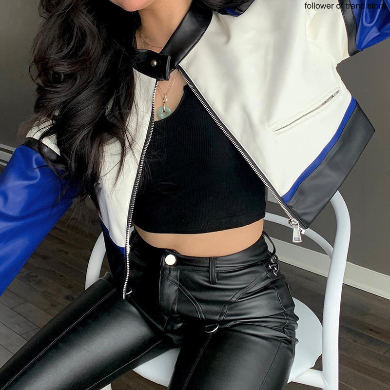 Cool Punk Girl Jachete de piele largi 2023 Fermoar Gât cu nasturi Haine cu mânecă lungă Jachetă scurtă de piele Îmbrăcăminte pentru femei Motociclist