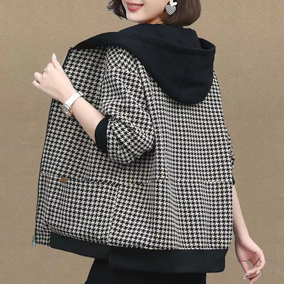 Jachetă scurtă în carouri pentru femei 2023, primăvară, toamnă, paltoane largi cu glugă, haine de mamă, topuri subțiri pentru femei, îmbrăcăminte exterioară, jachete de vânt