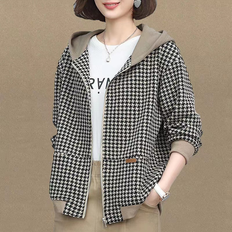 Jachetă scurtă în carouri pentru femei 2023, primăvară, toamnă, paltoane largi cu glugă, haine de mamă, topuri subțiri pentru femei, îmbrăcăminte exterioară, jachete de vânt