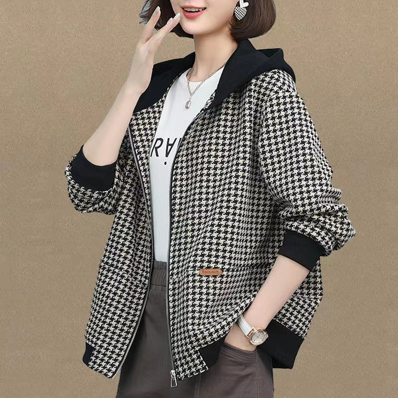 Jachetă scurtă în carouri pentru femei 2023, primăvară, toamnă, paltoane largi cu glugă, haine de mamă, topuri subțiri pentru femei, îmbrăcăminte exterioară, jachete de vânt