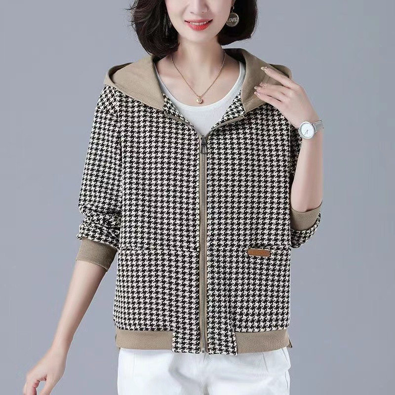 Jachetă scurtă în carouri pentru femei 2023, primăvară, toamnă, paltoane largi cu glugă, haine de mamă, topuri subțiri pentru femei, îmbrăcăminte exterioară, jachete de vânt