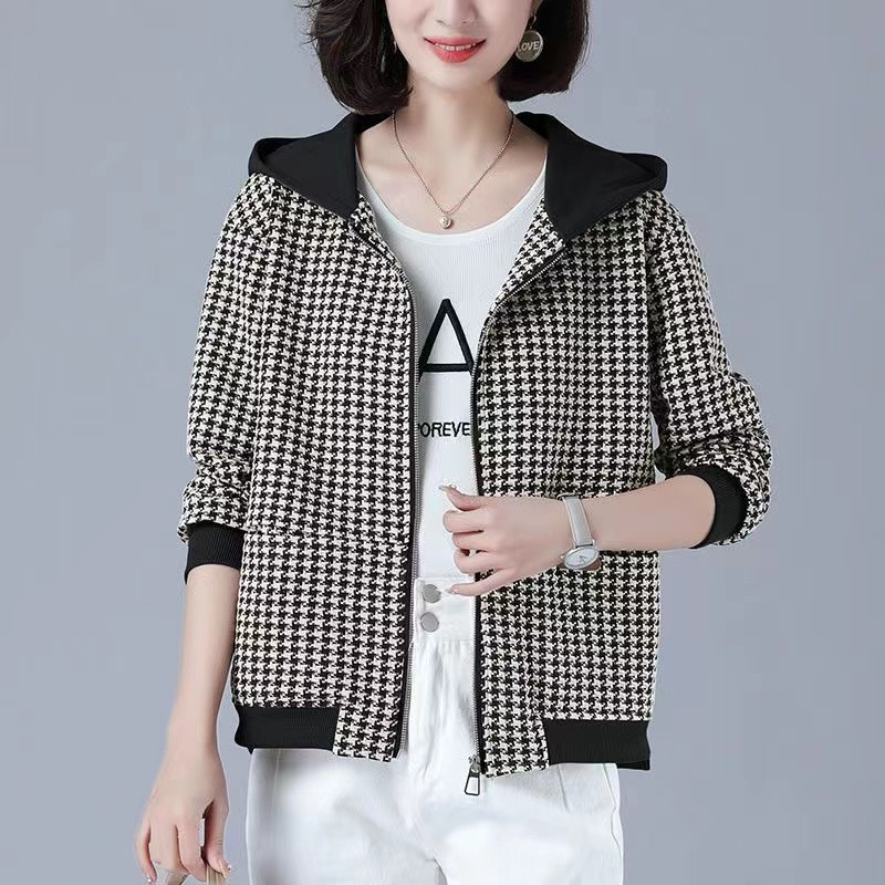 Jachetă scurtă în carouri pentru femei 2023, primăvară, toamnă, paltoane largi cu glugă, haine de mamă, topuri subțiri pentru femei, îmbrăcăminte exterioară, jachete de vânt