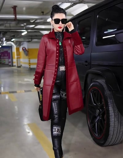 Jachetă din piele PU pentru femei, toamnă iarnă, pardesiu din piele caldă, pardesiu, pentru femei, cu integrare din blană de ultimă generație, paltoane XL-6XL