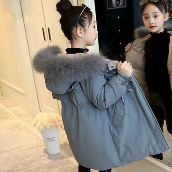 Зимни топли якета за момичета Два цвята Палто с качулка от изкуствена кожа Детски бели паркове с патешки пух Детски памучни дълги горни дрехи