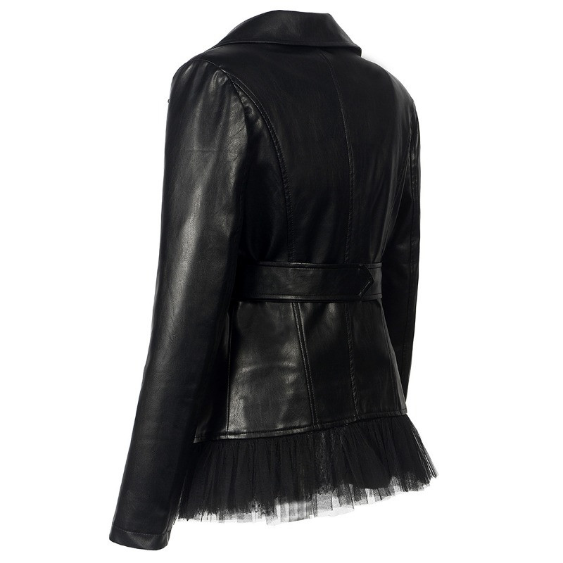 2023 exploziv rever cu fermoar haină din piele cu cusături de jos plasă tifon palton subțire PU cu curea femeie