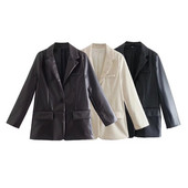 Blazer din piele artificială pentru femei 2023, la modă nouă, haină vintage cu mânecă lungă, buzunare