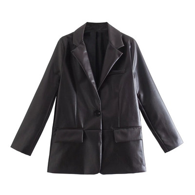 Blazer din piele artificială pentru femei 2023, la modă nouă, haină vintage cu mânecă lungă, buzunare