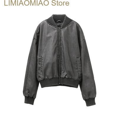 New Women`s Wash szürke do régi mosás Effect Bomber Jacket Thread állógallér hosszú ujjú PU női kabát felső