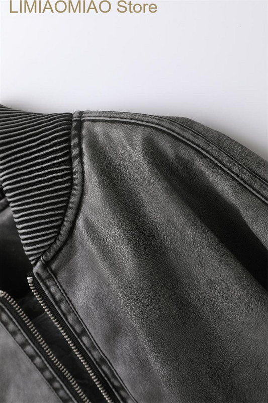 Jauna sieviešu mazgāšana pelēka vai veca mazgāšana Effect Bomber Jacket Thread statīvs apkakle ar garām piedurknēm PU sieviešu mēteļa augšdaļa