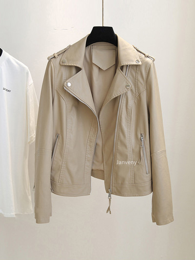 Janveny New Jachetă din piele sintetică moale de primăvară, toamnă, pentru femei, haină lejeră pentru femei, causual, motociclist, îmbrăcăminte de stradă, îmbrăcăminte pentru motocicleta
