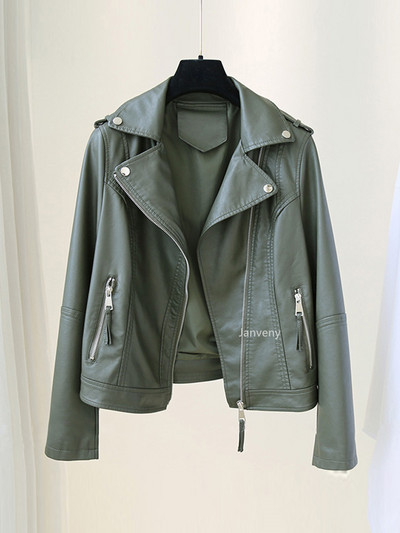 Janveny New Jachetă din piele sintetică moale de primăvară, toamnă, pentru femei, haină lejeră pentru femei, causual, motociclist, îmbrăcăminte de stradă, îmbrăcăminte pentru motocicleta
