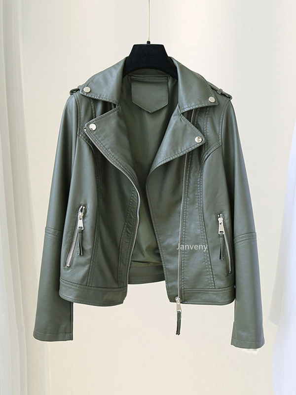 Janveny New Jachetă din piele sintetică moale de primăvară, toamnă, pentru femei, haină lejeră pentru femei, causual, motociclist, îmbrăcăminte de stradă, îmbrăcăminte pentru motocicleta