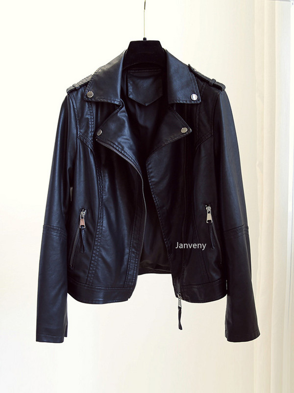 Janveny New Jachetă din piele sintetică moale de primăvară, toamnă, pentru femei, haină lejeră pentru femei, causual, motociclist, îmbrăcăminte de stradă, îmbrăcăminte pentru motocicleta