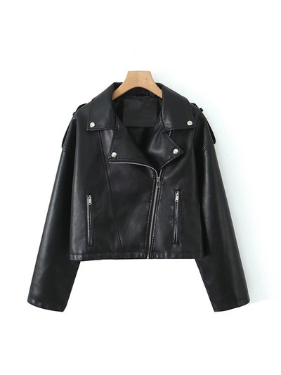 Ailegogo Streetwear Sieviešu Retro brīvs Pu mākslīgās ādas īsa jaka Vintage sieviešu kaklasaite Savienots Moto Biker Coat Chic Outwear