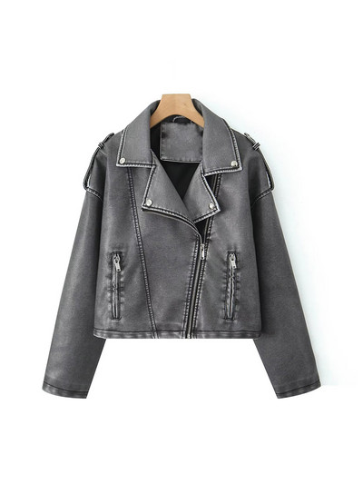 Ailegogo Streetwear Sieviešu Retro brīvs Pu mākslīgās ādas īsa jaka Vintage sieviešu kaklasaite Savienots Moto Biker Coat Chic Outwear