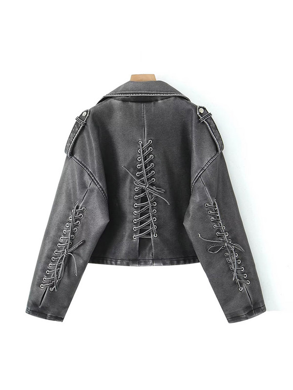 Ailegogo Streetwear Sieviešu Retro brīvs Pu mākslīgās ādas īsa jaka Vintage sieviešu kaklasaite Savienots Moto Biker Coat Chic Outwear