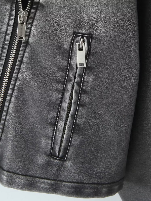 Ailegogo Streetwear Sieviešu Retro brīvs Pu mākslīgās ādas īsa jaka Vintage sieviešu kaklasaite Savienots Moto Biker Coat Chic Outwear