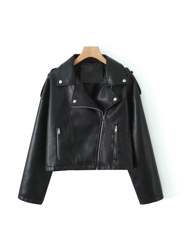 Ailegogo Streetwear Sieviešu Retro brīvs Pu mākslīgās ādas īsa jaka Vintage sieviešu kaklasaite Savienots Moto Biker Coat Chic Outwear