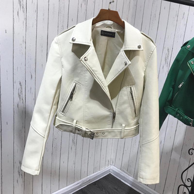 2021 m. pavasario Moteriškos dirbtinės minkštos odos striukė Trumpas paltas Pu Motociklo Užtrauktukas Punk odinė striukė Juoda Balta Žalia Viršutiniai drabužiai